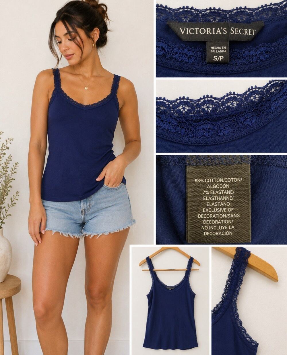 Y2K Indie Sleaze Layering Victoria's Secret Lace Trim Cami Tank Size S Navy Blue